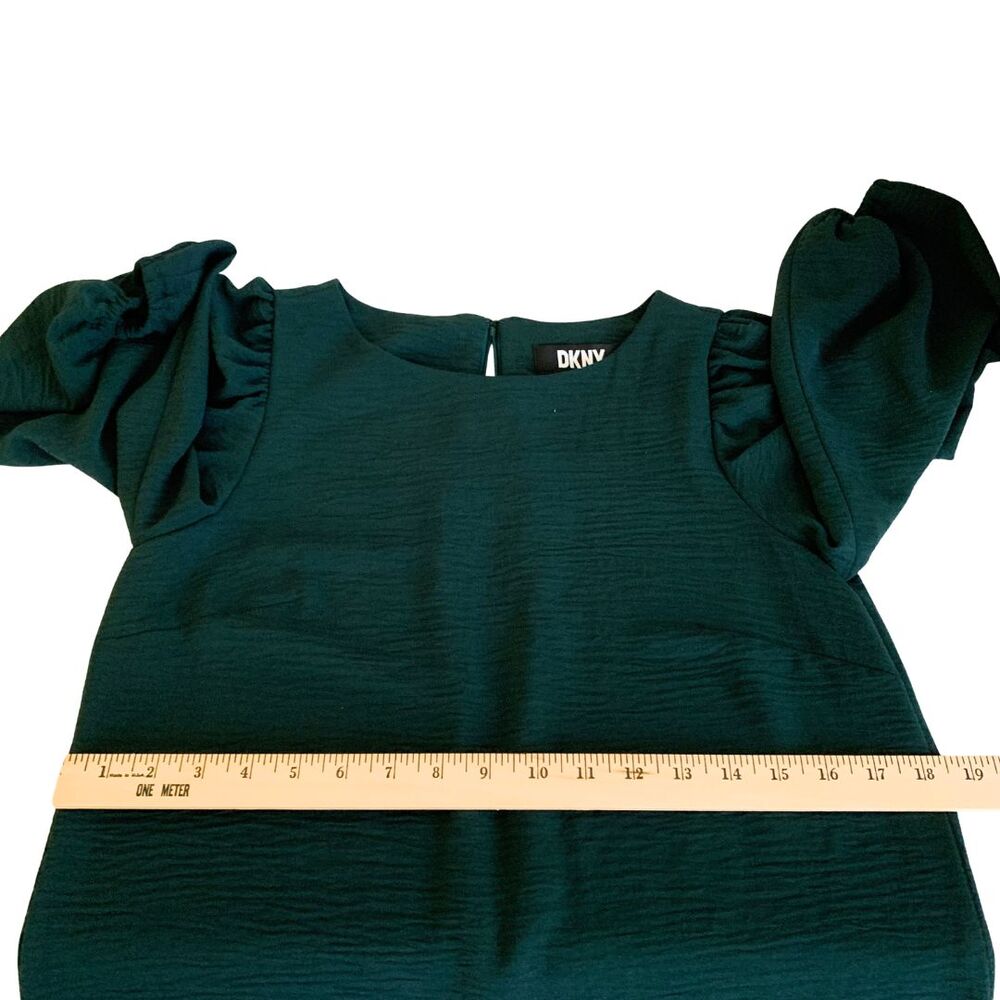 DKNY Puff Sleeve Tiered Midi Dress Dark Green Textured Loose Fit Size 4 - Picture 13 of 14